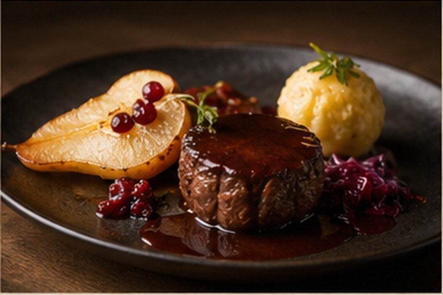 Hirschfilet mit Birne, Preiselbeeren und Knödel